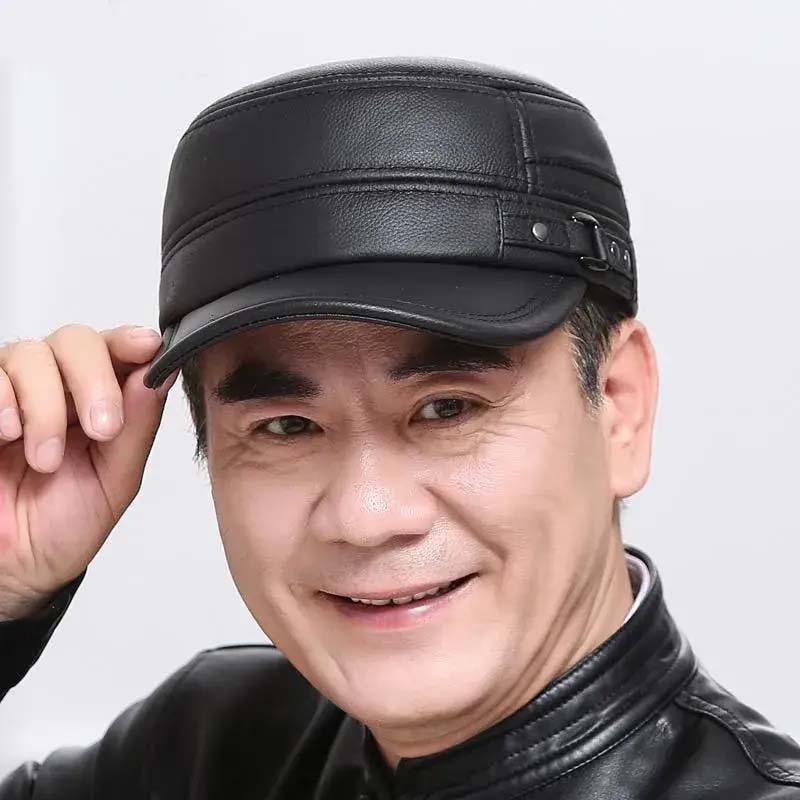 Men's Winter Leather Hat with Lambskin Ear Flaps and Flat Top