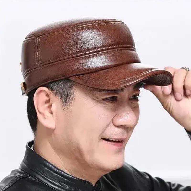 Men's Winter Leather Hat with Lambskin Ear Flaps and Flat Top