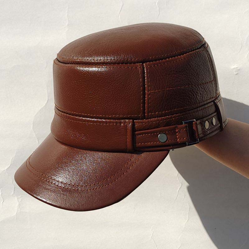 Men's Winter Leather Hat with Lambskin Ear Flaps and Flat Top