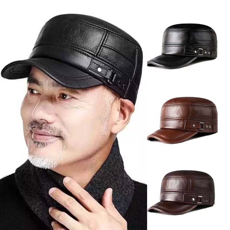 Men's Winter Leather Hat with Lambskin Ear Flaps and Flat Top
