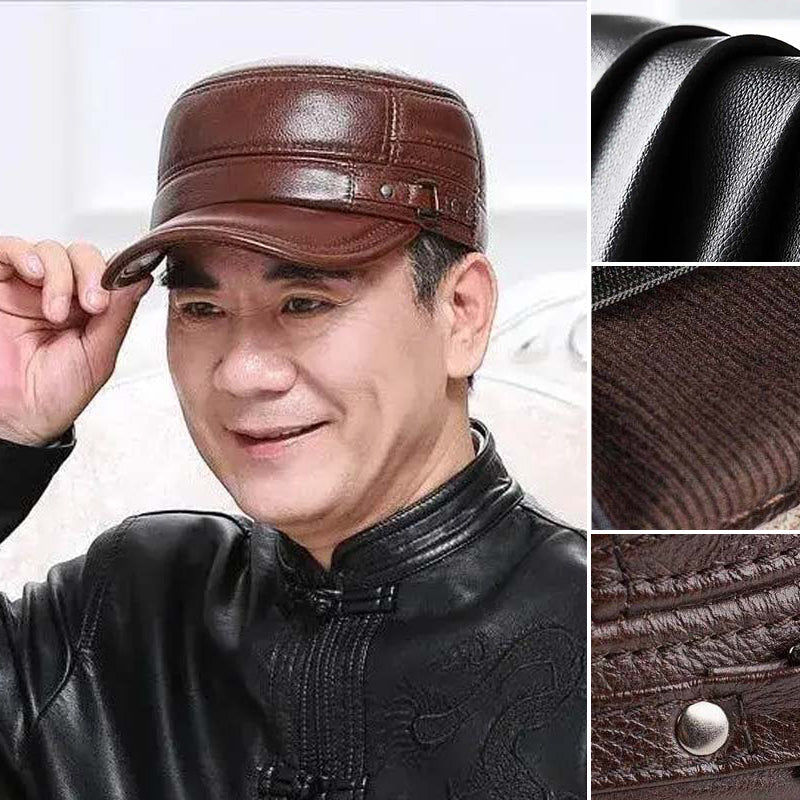 Men's Winter Leather Hat with Lambskin Ear Flaps and Flat Top