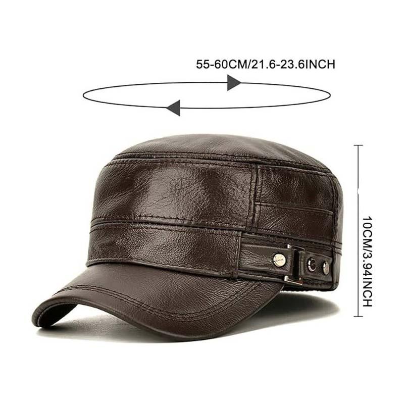 Men's Winter Leather Hat with Lambskin Ear Flaps and Flat Top