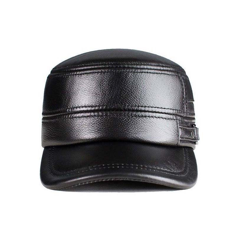 Men's Winter Leather Hat with Lambskin Ear Flaps and Flat Top