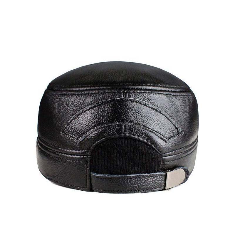 Men's Winter Leather Hat with Lambskin Ear Flaps and Flat Top