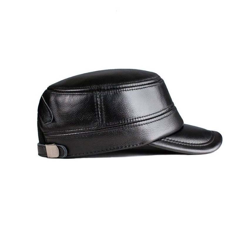 Men's Winter Leather Hat with Lambskin Ear Flaps and Flat Top
