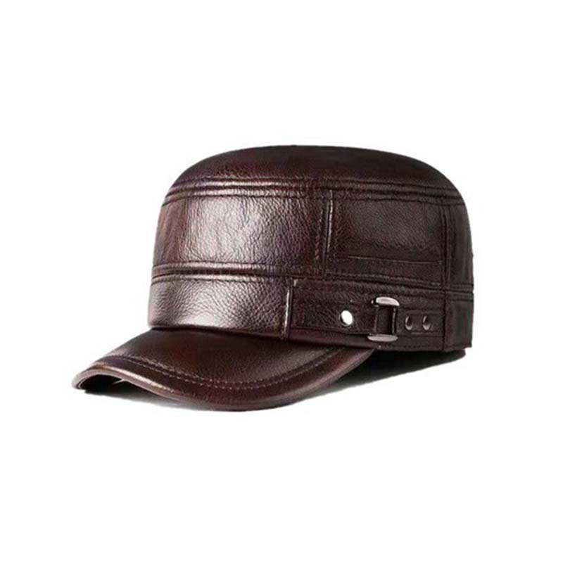 Men's Winter Leather Hat with Lambskin Ear Flaps and Flat Top