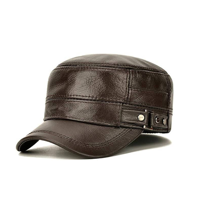 Men's Winter Leather Hat with Lambskin Ear Flaps and Flat Top