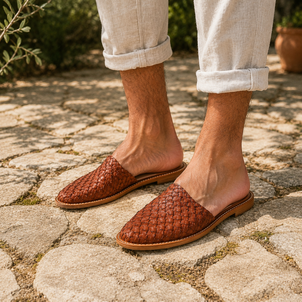 Men's Woven Vegan Leather Mules — Cognac