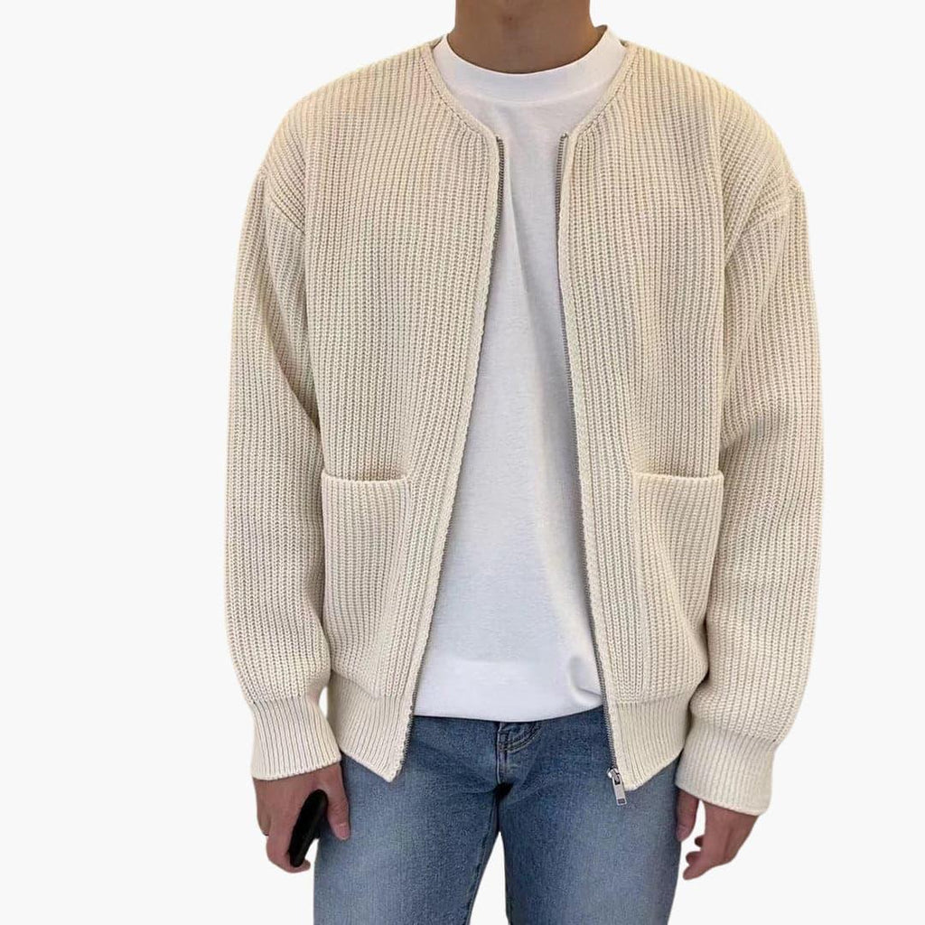 Men's zip cardigan in chunky rib knit, collarless crew neck and two patch pockets, 5 colors, sizes XS to 3XL