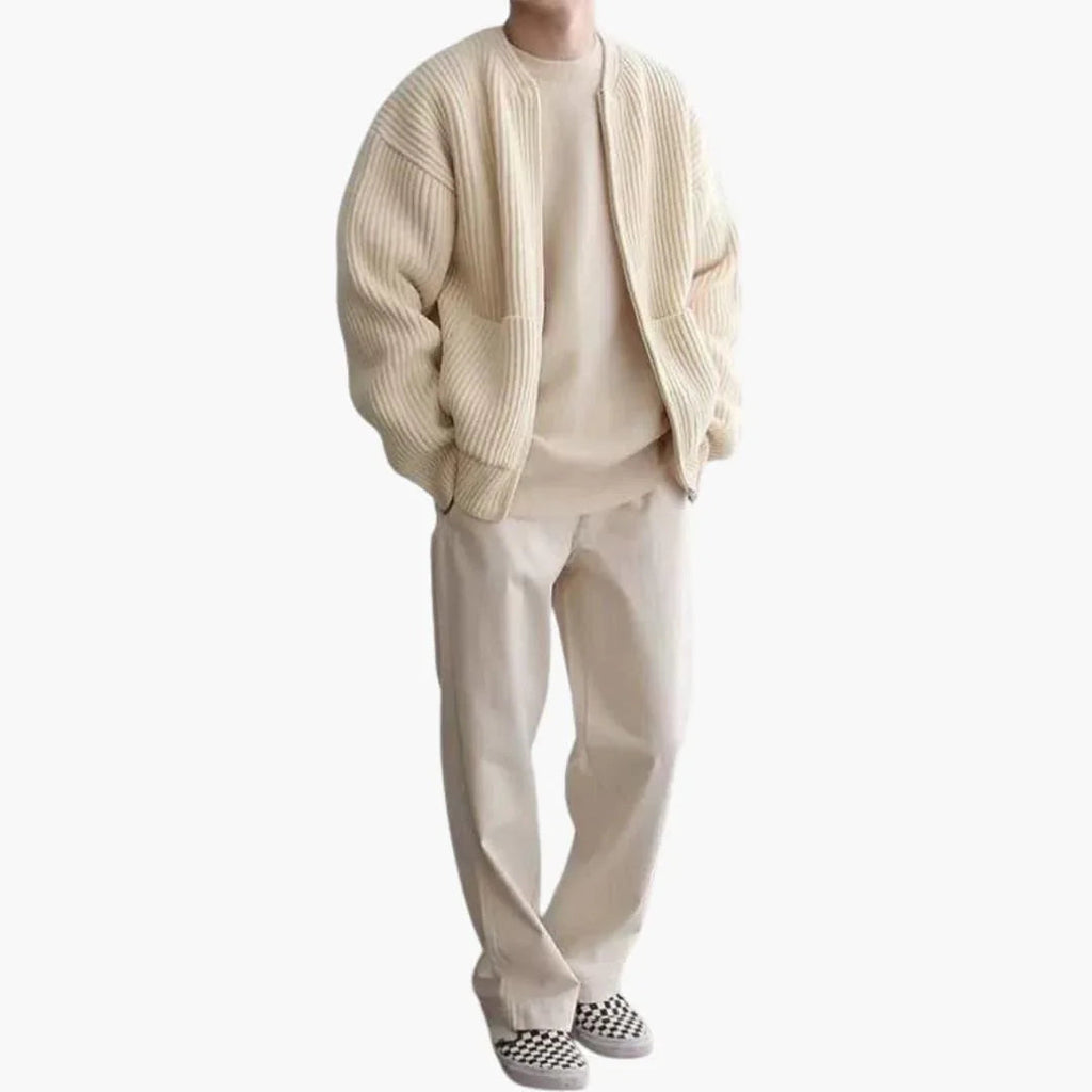 Men's zip cardigan in chunky rib knit, collarless crew neck and two patch pockets, 5 colors, sizes XS to 3XL