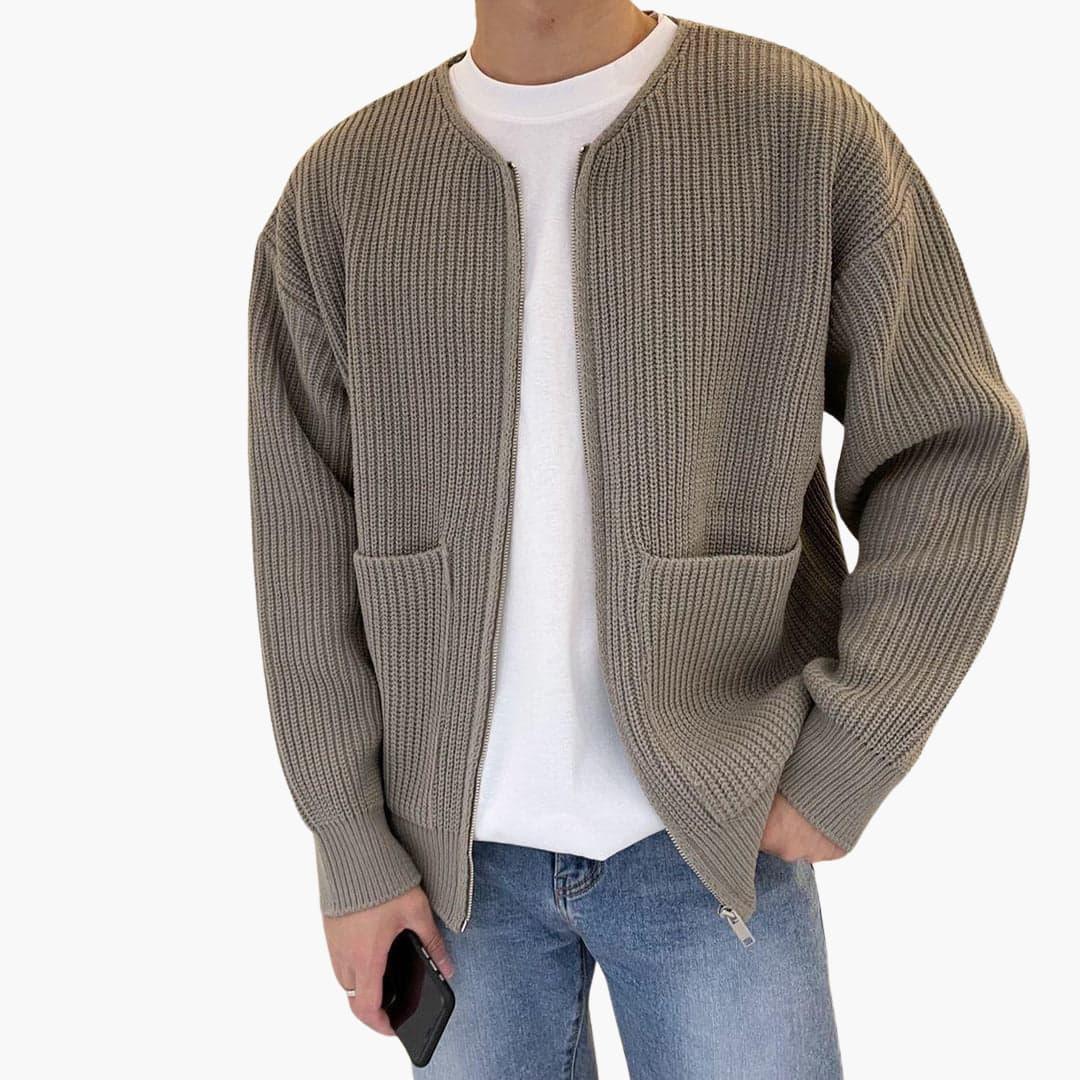 Men's zip cardigan in chunky rib knit, collarless crew neck and two patch pockets, 5 colors, sizes XS to 3XL