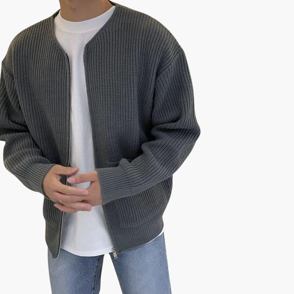 Men's zip cardigan in chunky rib knit, collarless crew neck and two patch pockets, 5 colors, sizes XS to 3XL