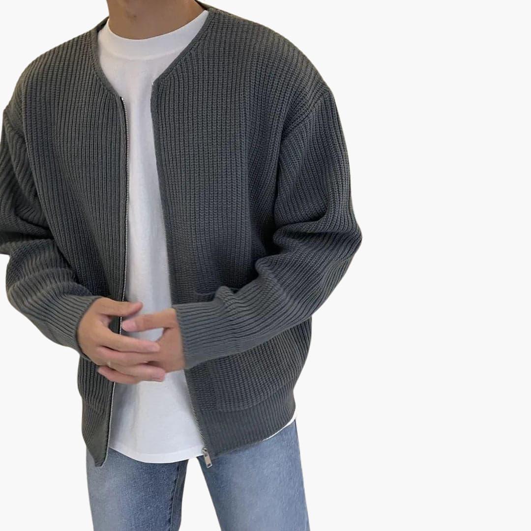 Men's zip cardigan in chunky rib knit, collarless crew neck and two patch pockets, 5 colors, sizes XS to 3XL