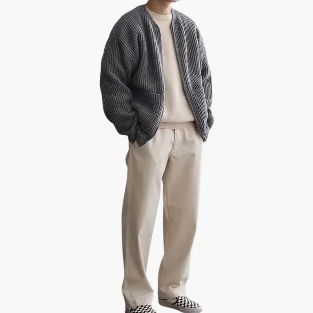 Men's zip cardigan in chunky rib knit, collarless crew neck and two patch pockets, 5 colors, sizes XS to 3XL