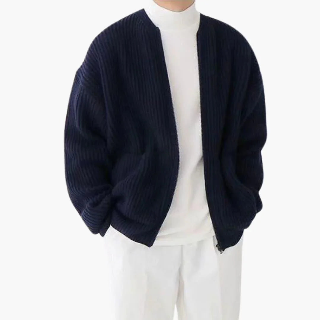 Men's zip cardigan in chunky rib knit, collarless crew neck and two patch pockets, 5 colors, sizes XS to 3XL