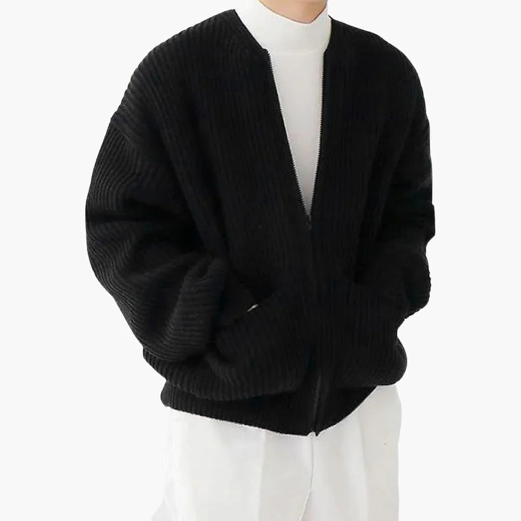 Men's zip cardigan in chunky rib knit, collarless crew neck and two patch pockets, 5 colors, sizes XS to 3XL