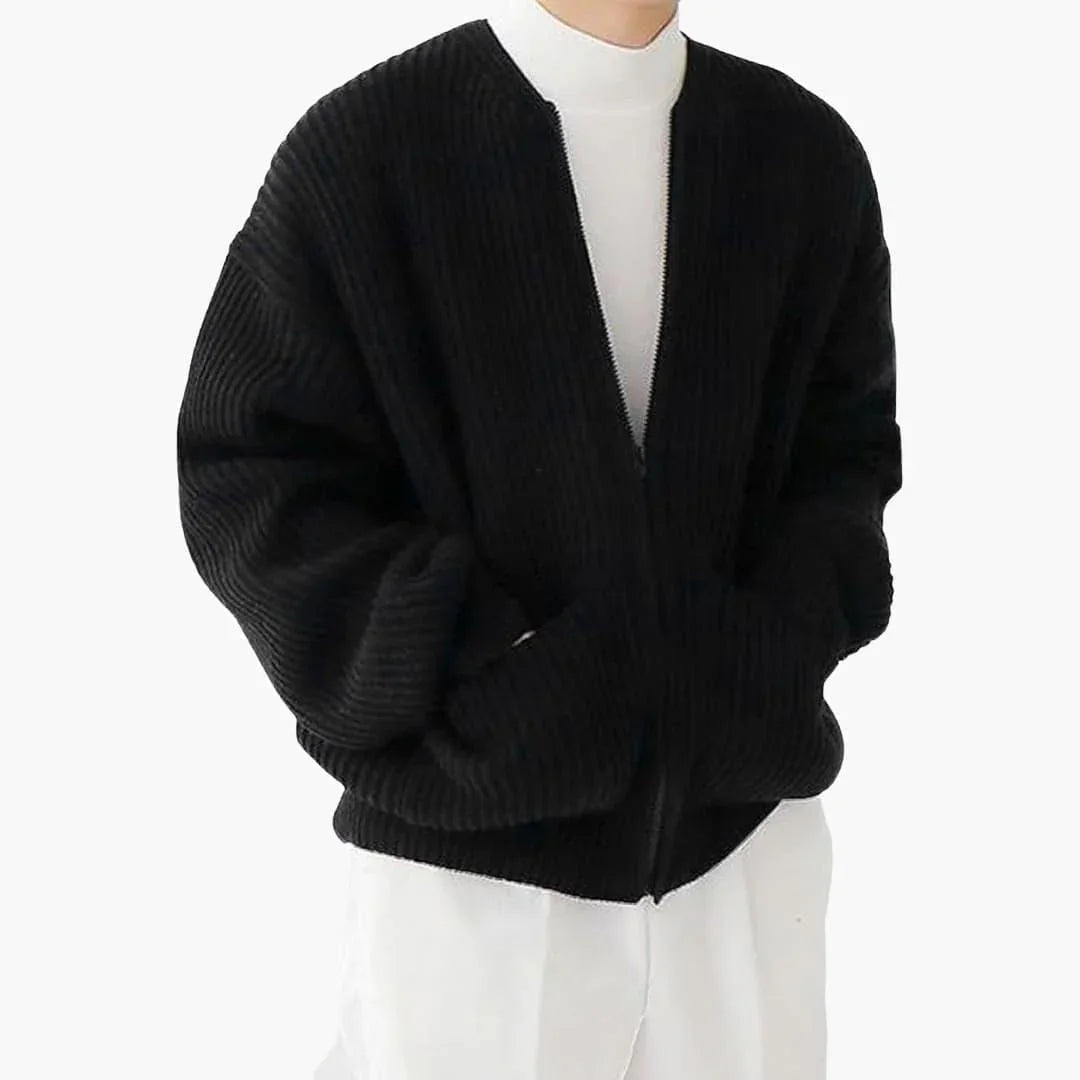 Men's zip cardigan in chunky rib knit, collarless crew neck and two patch pockets, 5 colors, sizes XS to 3XL