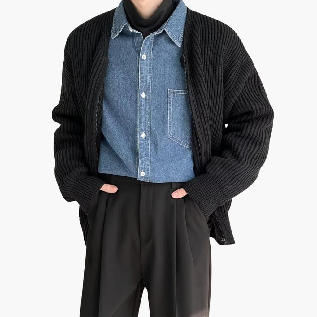Men's zip cardigan in chunky rib knit, collarless crew neck and two patch pockets, 5 colors, sizes XS to 3XL
