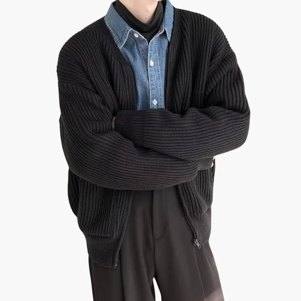 Men's zip cardigan in chunky rib knit, collarless crew neck and two patch pockets, 5 colors, sizes XS to 3XL