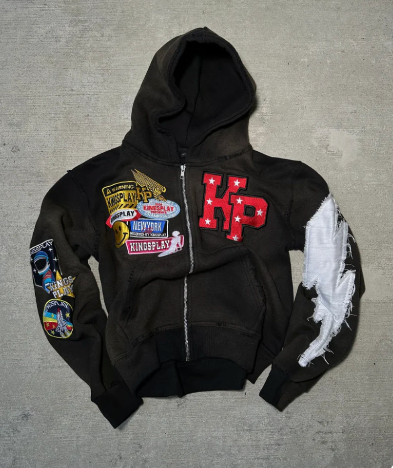 Men's Zip Up Hoodie, Streetwear Hooded Sweatshirt with Washed Effect, Embroidered Patches and Full-Length Zip, 4 Colors,