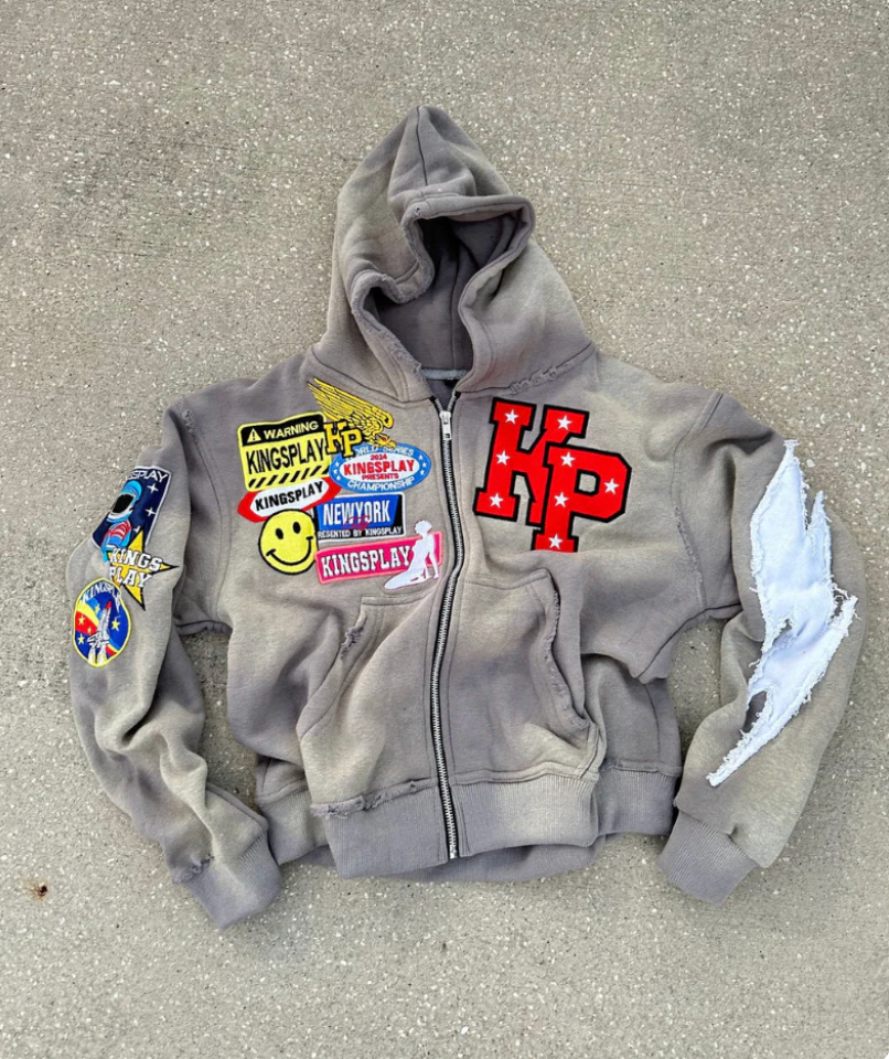 Men's Zip Up Hoodie, Streetwear Hooded Sweatshirt with Washed Effect, Embroidered Patches and Full-Length Zip, 4 Colors,