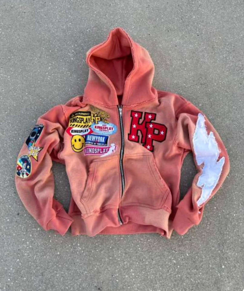 Men's Zip Up Hoodie, Streetwear Hooded Sweatshirt with Washed Effect, Embroidered Patches and Full-Length Zip, 4 Colors,