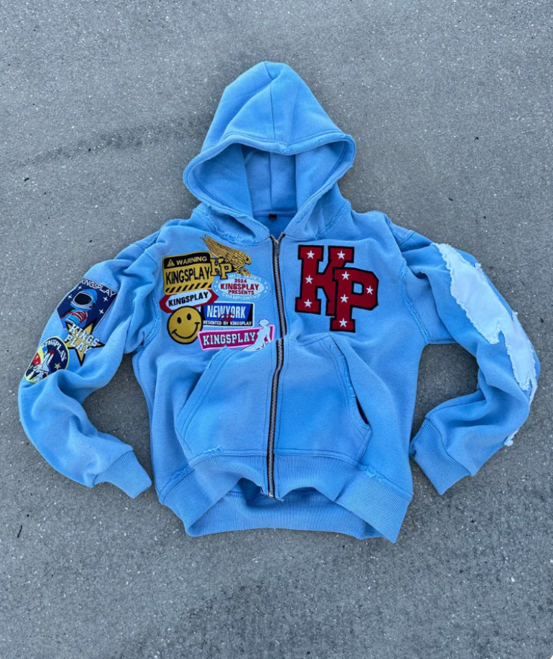 Men's Zip Up Hoodie, Streetwear Hooded Sweatshirt with Washed Effect, Embroidered Patches and Full-Length Zip, 4 Colors,