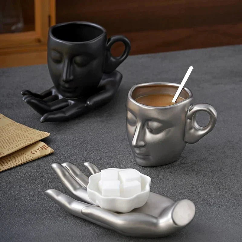 Minimalist Face-Shaped Coffee Cup Set with Tray and Spoon