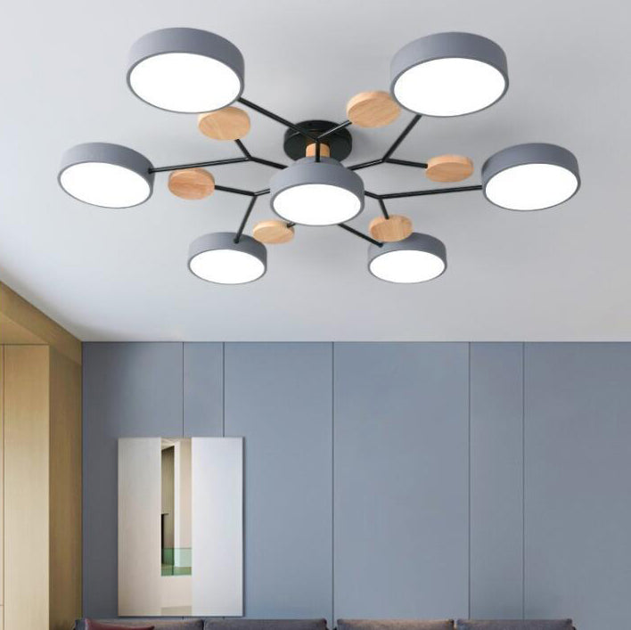 Modern LED ceiling light in a Scandinavian molecule design, iron, acrylic and wood, 4 to 7 lights, warm or cool white li