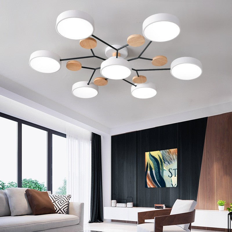 Modern LED ceiling light in a Scandinavian molecule design, iron, acrylic and wood, 4 to 7 lights, warm or cool white li