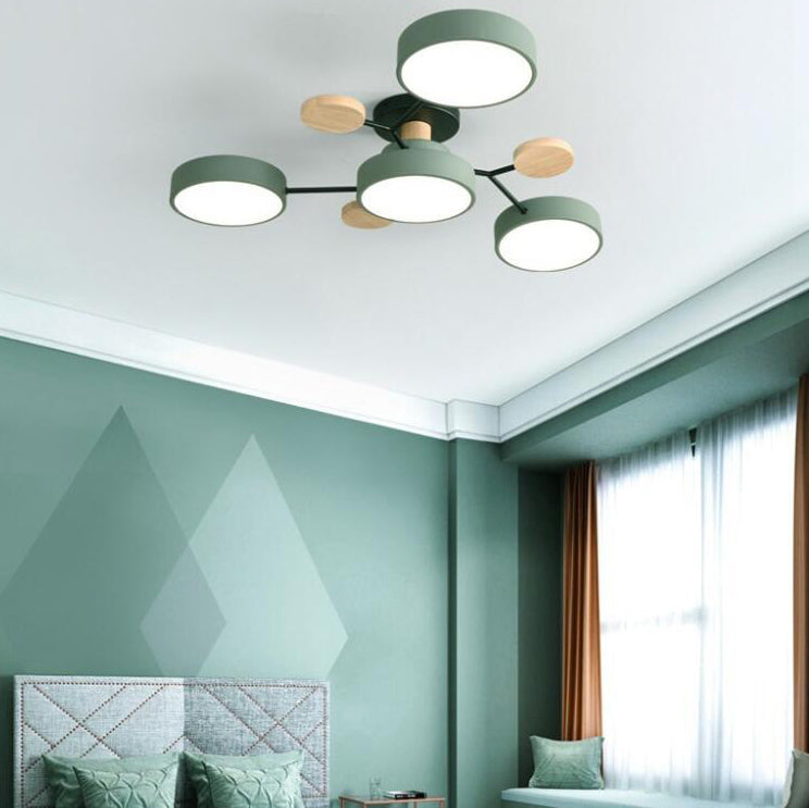 Modern LED ceiling light in a Scandinavian molecule design, iron, acrylic and wood, 4 to 7 lights, warm or cool white li