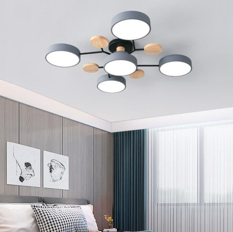 Modern LED ceiling light in a Scandinavian molecule design, iron, acrylic and wood, 4 to 7 lights, warm or cool white li