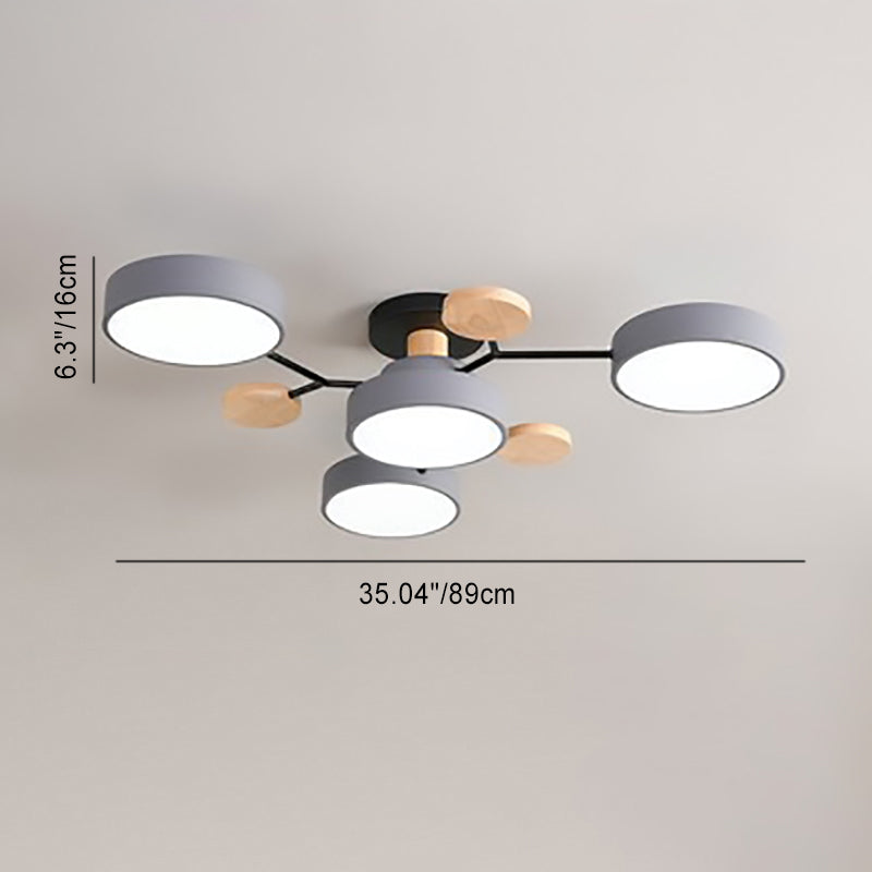 Modern LED ceiling light in a Scandinavian molecule design, iron, acrylic and wood, 4 to 7 lights, warm or cool white li
