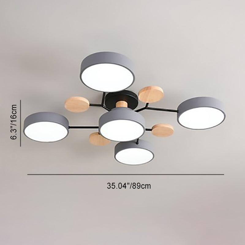 Modern LED ceiling light in a Scandinavian molecule design, iron, acrylic and wood, 4 to 7 lights, warm or cool white li