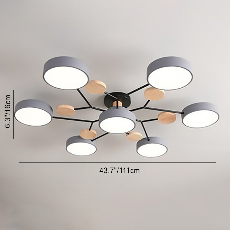 Modern LED ceiling light in a Scandinavian molecule design, iron, acrylic and wood, 4 to 7 lights, warm or cool white li