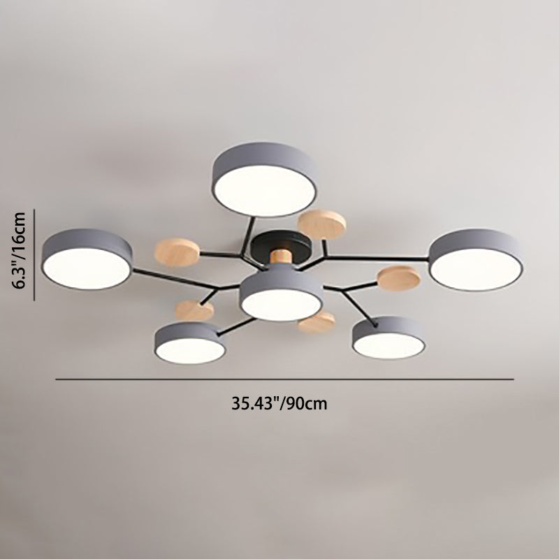 Modern LED ceiling light in a Scandinavian molecule design, iron, acrylic and wood, 4 to 7 lights, warm or cool white li