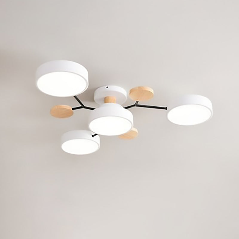 Modern LED ceiling light in a Scandinavian molecule design, iron, acrylic and wood, 4 to 7 lights, warm or cool white li