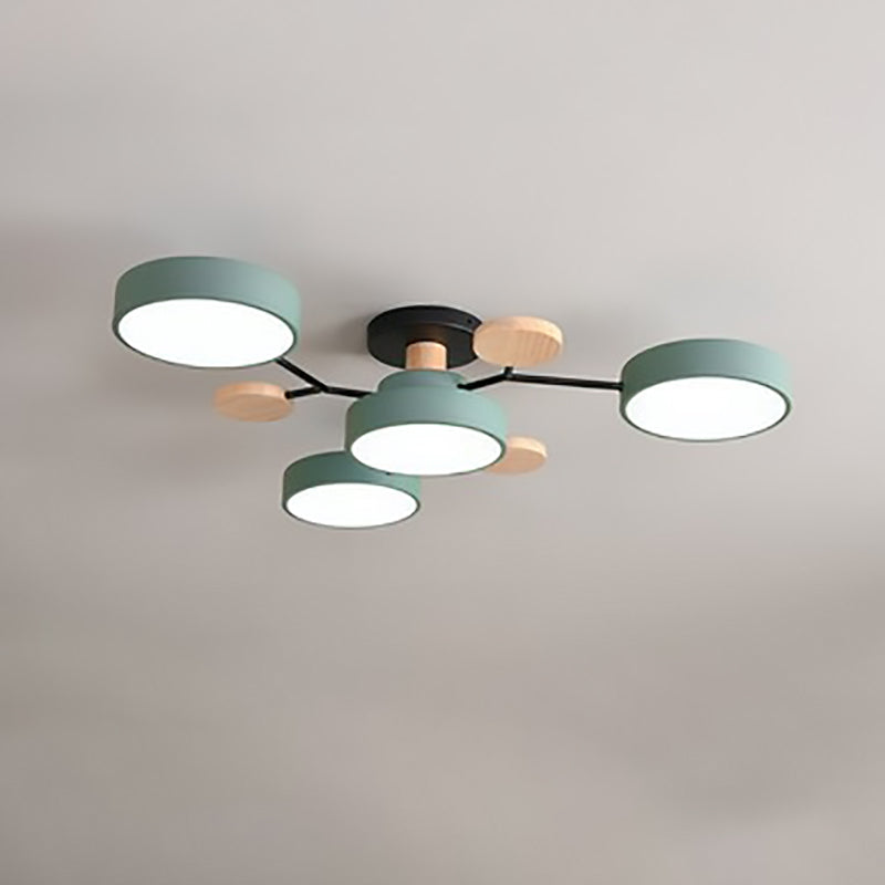 Modern LED ceiling light in a Scandinavian molecule design, iron, acrylic and wood, 4 to 7 lights, warm or cool white li