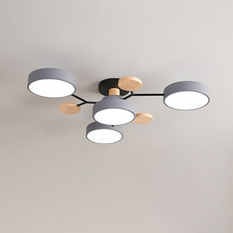 Modern LED ceiling light in a Scandinavian molecule design, iron, acrylic and wood, 4 to 7 lights, warm or cool white li