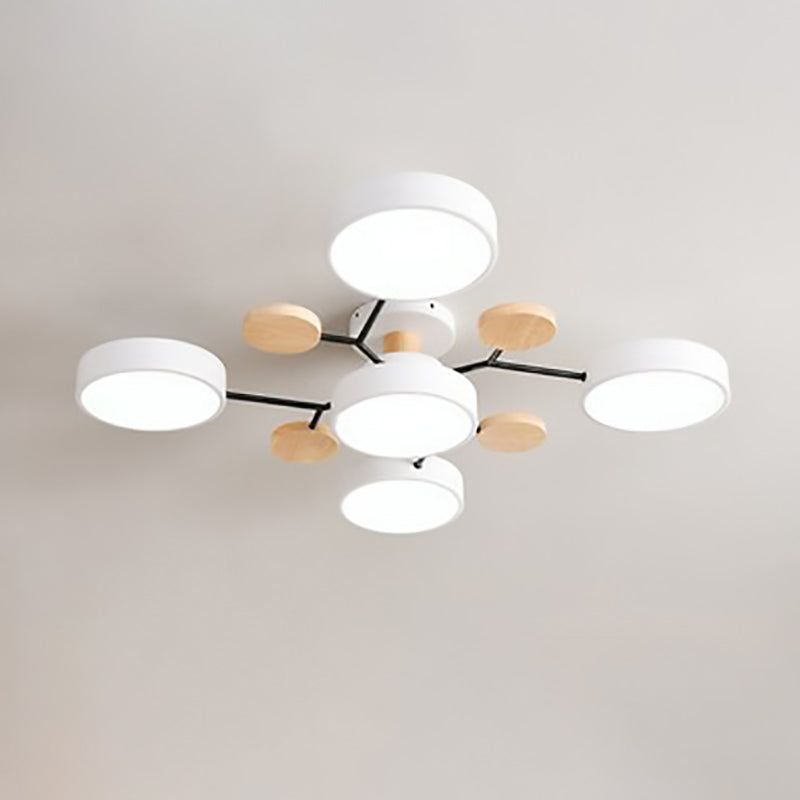 Modern LED ceiling light in a Scandinavian molecule design, iron, acrylic and wood, 4 to 7 lights, warm or cool white li