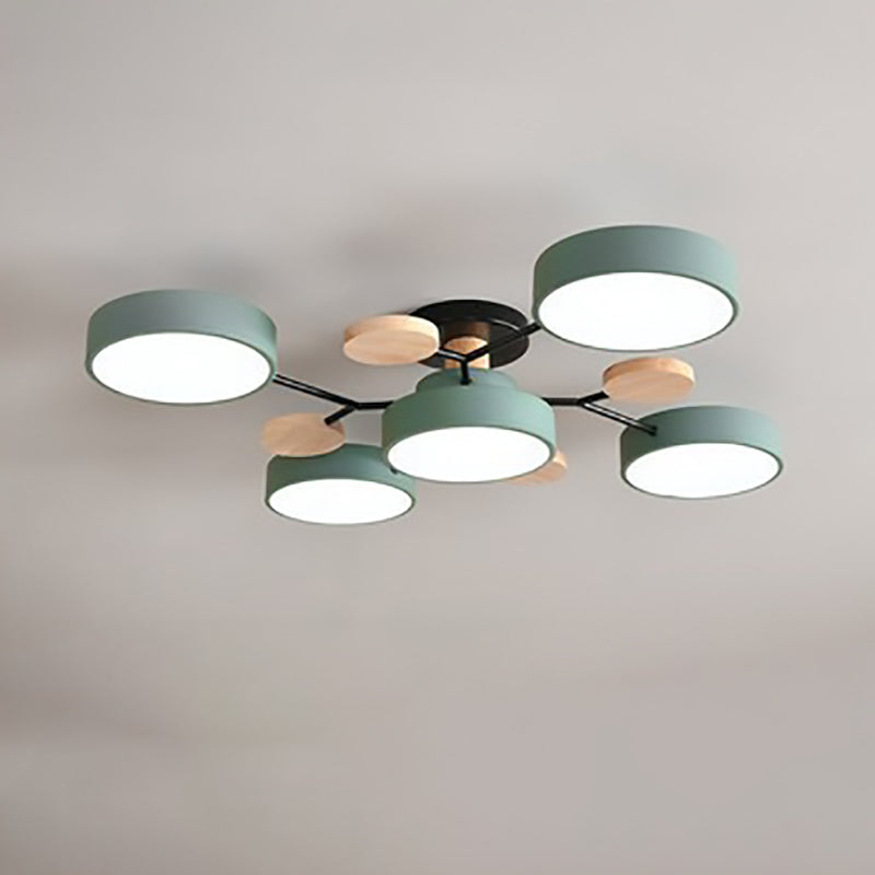 Modern LED ceiling light in a Scandinavian molecule design, iron, acrylic and wood, 4 to 7 lights, warm or cool white li