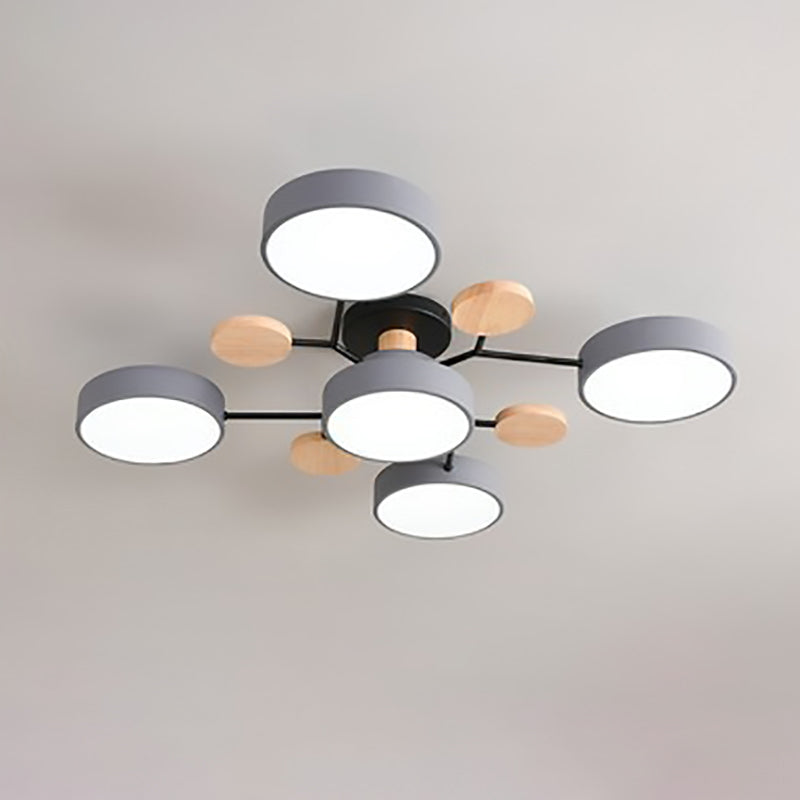 Modern LED ceiling light in a Scandinavian molecule design, iron, acrylic and wood, 4 to 7 lights, warm or cool white li