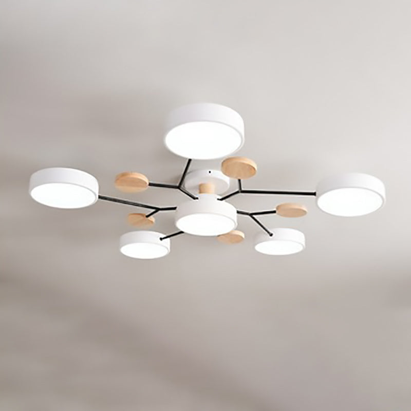 Modern LED ceiling light in a Scandinavian molecule design, iron, acrylic and wood, 4 to 7 lights, warm or cool white li