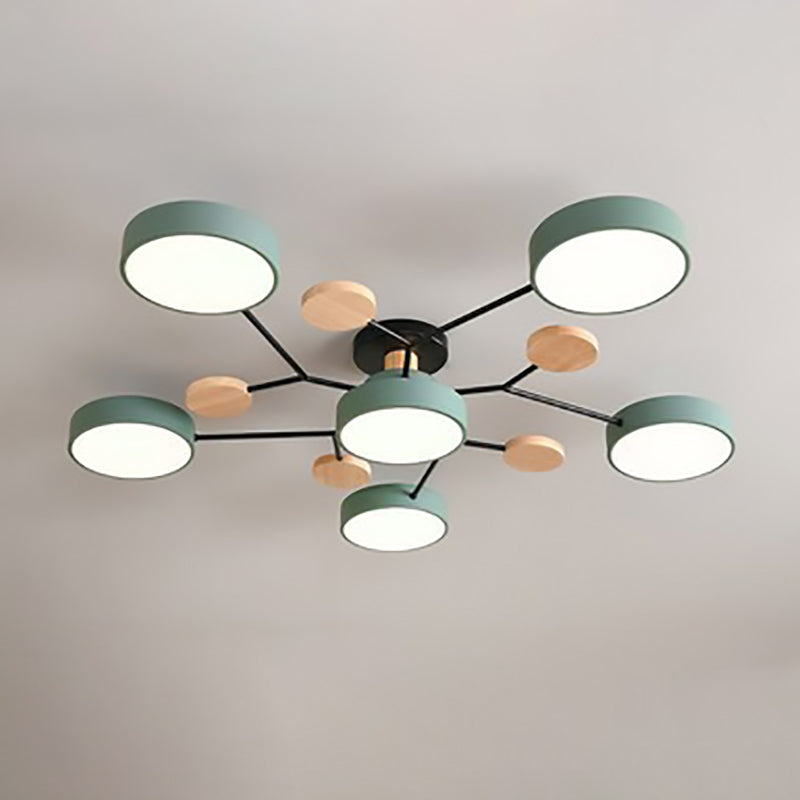 Modern LED ceiling light in a Scandinavian molecule design, iron, acrylic and wood, 4 to 7 lights, warm or cool white li