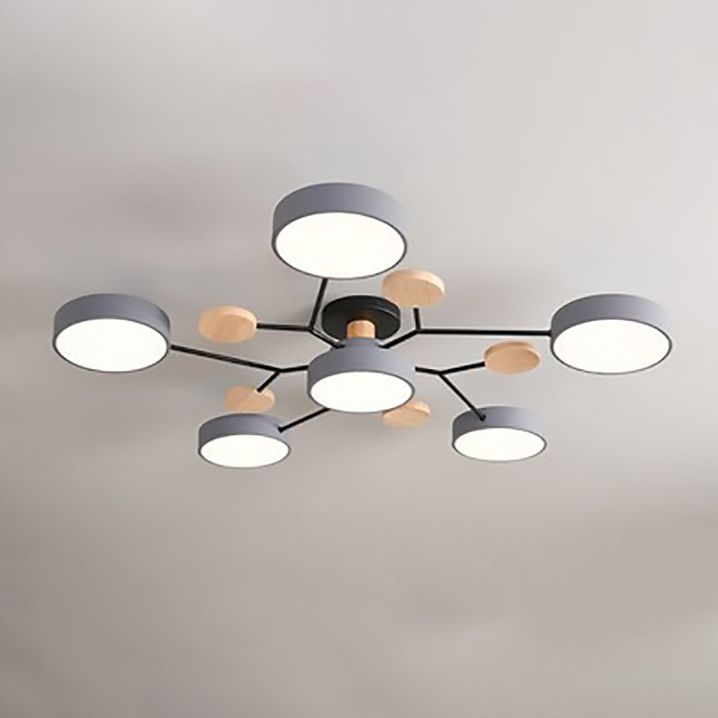 Modern LED ceiling light in a Scandinavian molecule design, iron, acrylic and wood, 4 to 7 lights, warm or cool white li