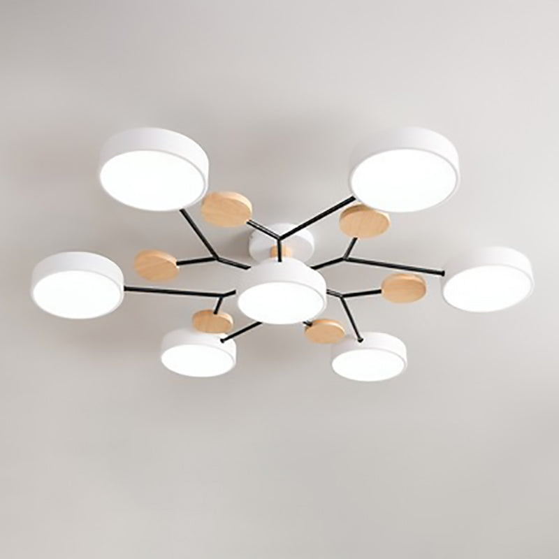 Modern LED ceiling light in a Scandinavian molecule design, iron, acrylic and wood, 4 to 7 lights, warm or cool white li
