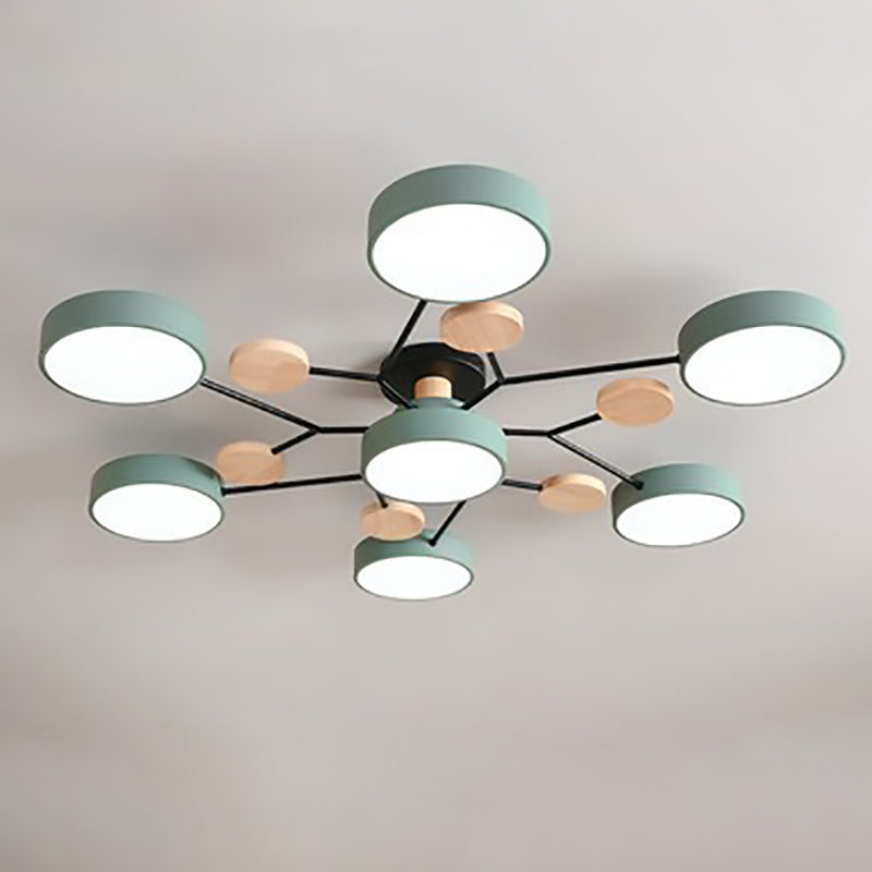 Modern LED ceiling light in a Scandinavian molecule design, iron, acrylic and wood, 4 to 7 lights, warm or cool white li