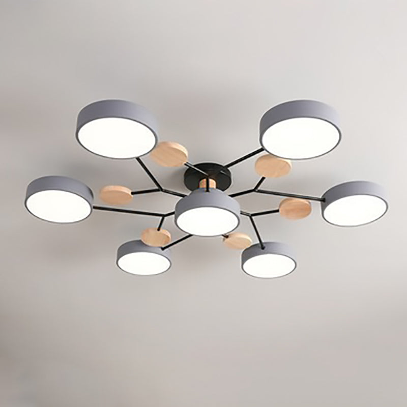 Modern LED ceiling light in a Scandinavian molecule design, iron, acrylic and wood, 4 to 7 lights, warm or cool white li