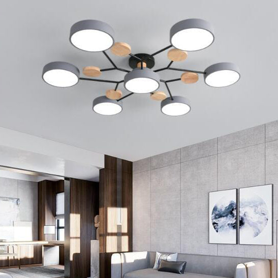Modern LED ceiling light in a Scandinavian molecule design, iron, acrylic and wood, 4 to 7 lights, warm or cool white li