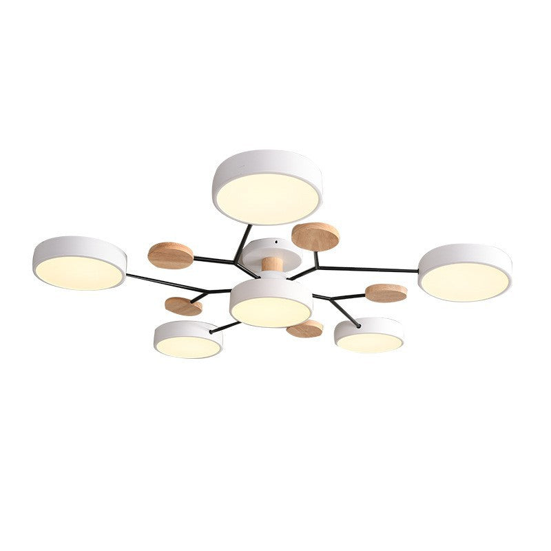 Modern LED ceiling light in a Scandinavian molecule design, iron, acrylic and wood, 4 to 7 lights, warm or cool white li